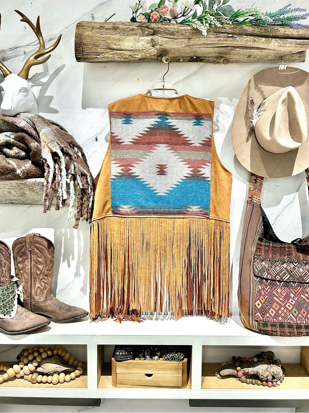 Western Aztec Fringed vegan Suede Vest w country farmhouse cottagecore vibe